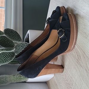 Michael Kors Wood Platform Black Suede Crossed Strap Buckle Sandals